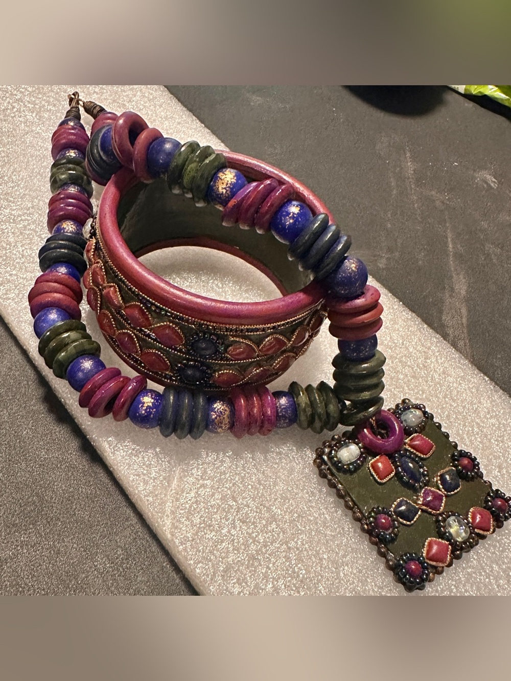 Statement Chunky Ethnic Boho Style Beaded Necklace And Bangle Bracelet Set